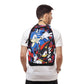 Person wearing a Sonic the Hedgehog backpack on a white background
