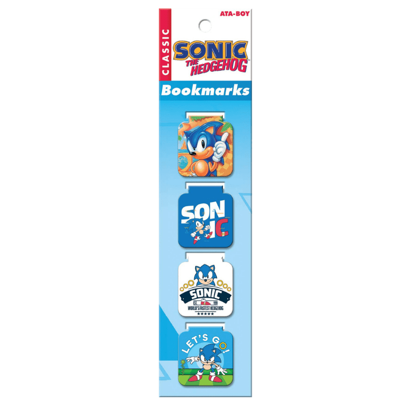 A package of four Sonic the Hedgehog-themed bookmarks on a light blue card. The bookmarks feature various colorful designs including Sonic, the Sonic logo, and Sonic racing imagery.