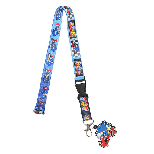Lanyard with Sonic the Hedgehog characters and logo on a blue background