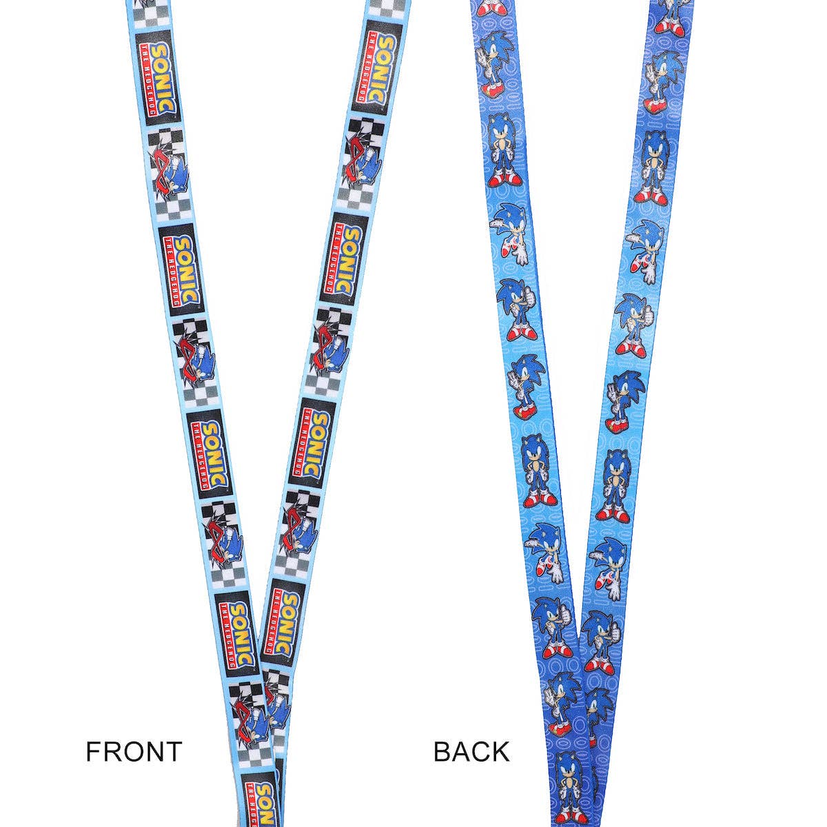 Sonic the Hedgehog lanyard with front and back designs on a white background