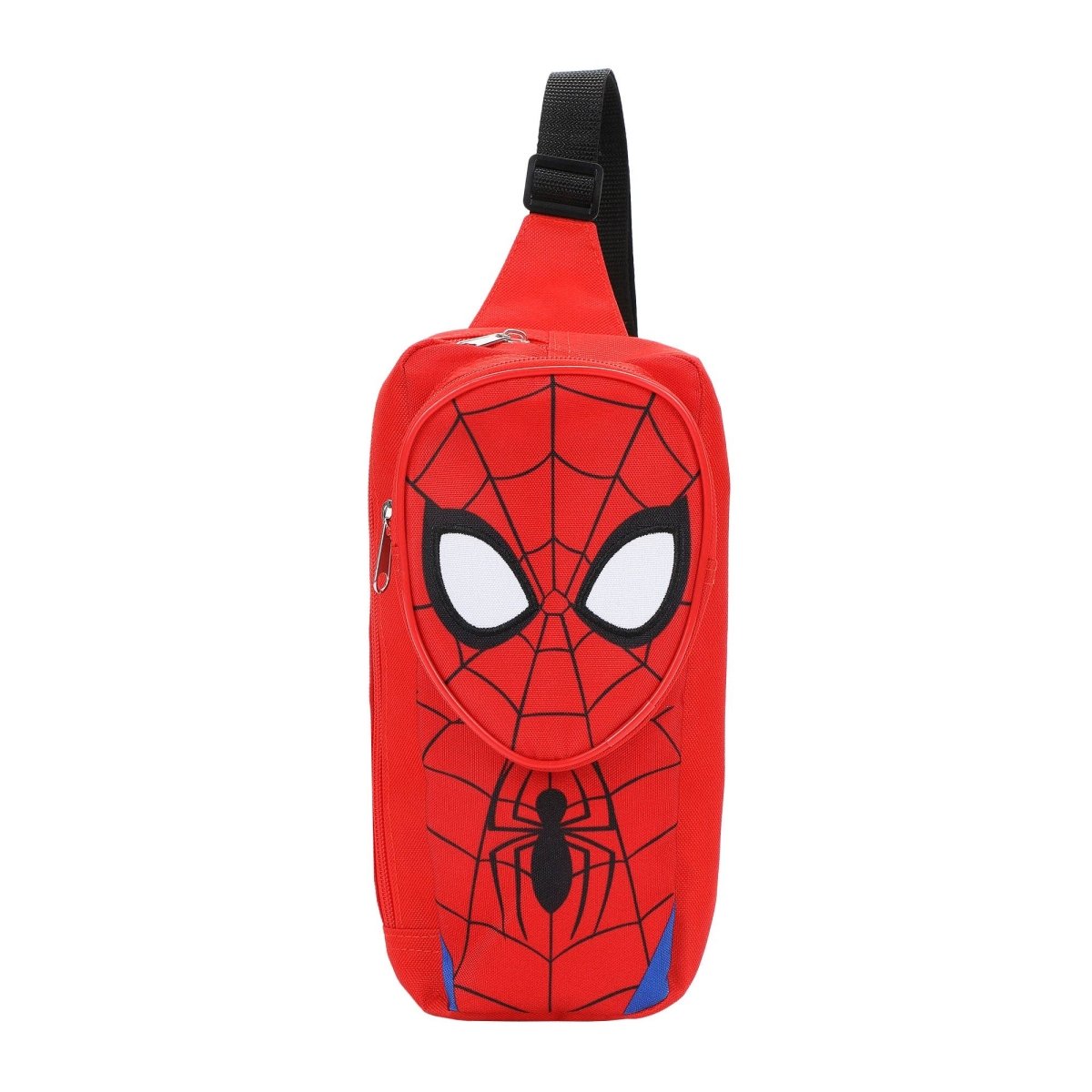 Red crossbody bag with Spider-Man face design on a white background
