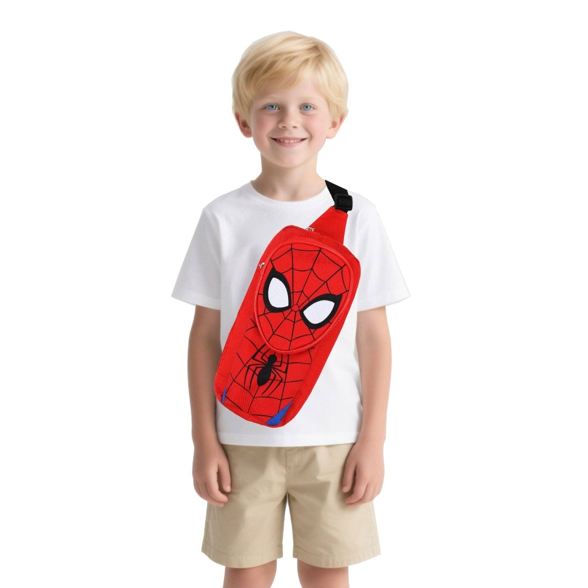Child wearing a Spider-Man t-shirt with a red and black design on a white background