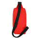 Red sling bag with black strap on a white background