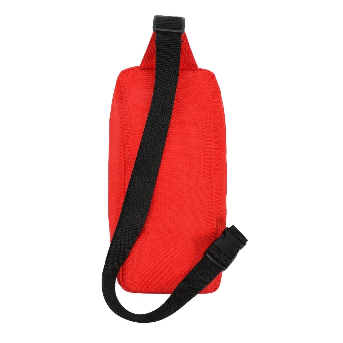 Red sling bag with black strap on a white background
