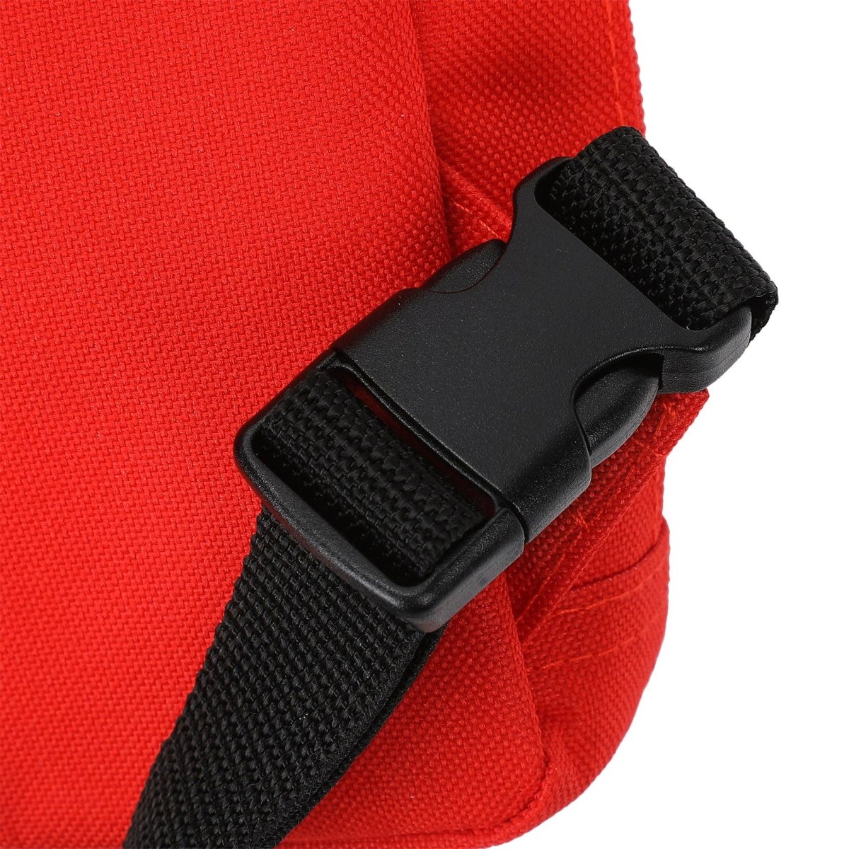 Close-up of a red bag with a black strap and buckle on a white background