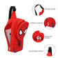 Red sling bag with spider design and features labeled on a white background