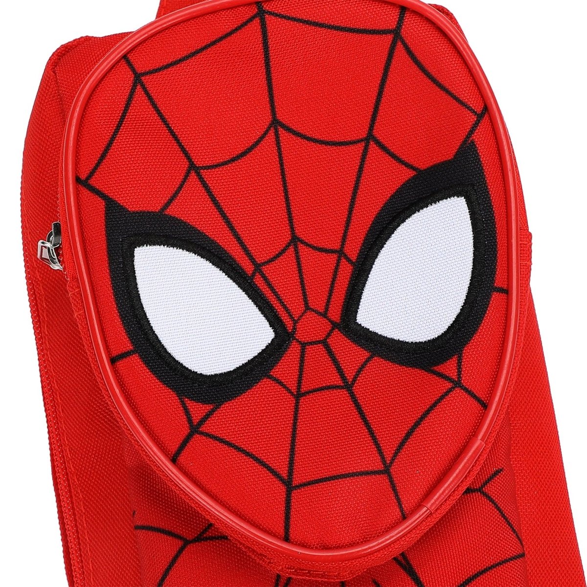 Red backpack with Spider-Man face design on a white background