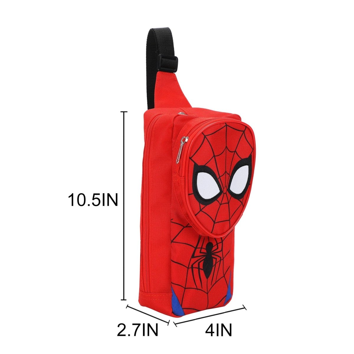 Red crossbody bag with Spider-Man design and measurements on a white background