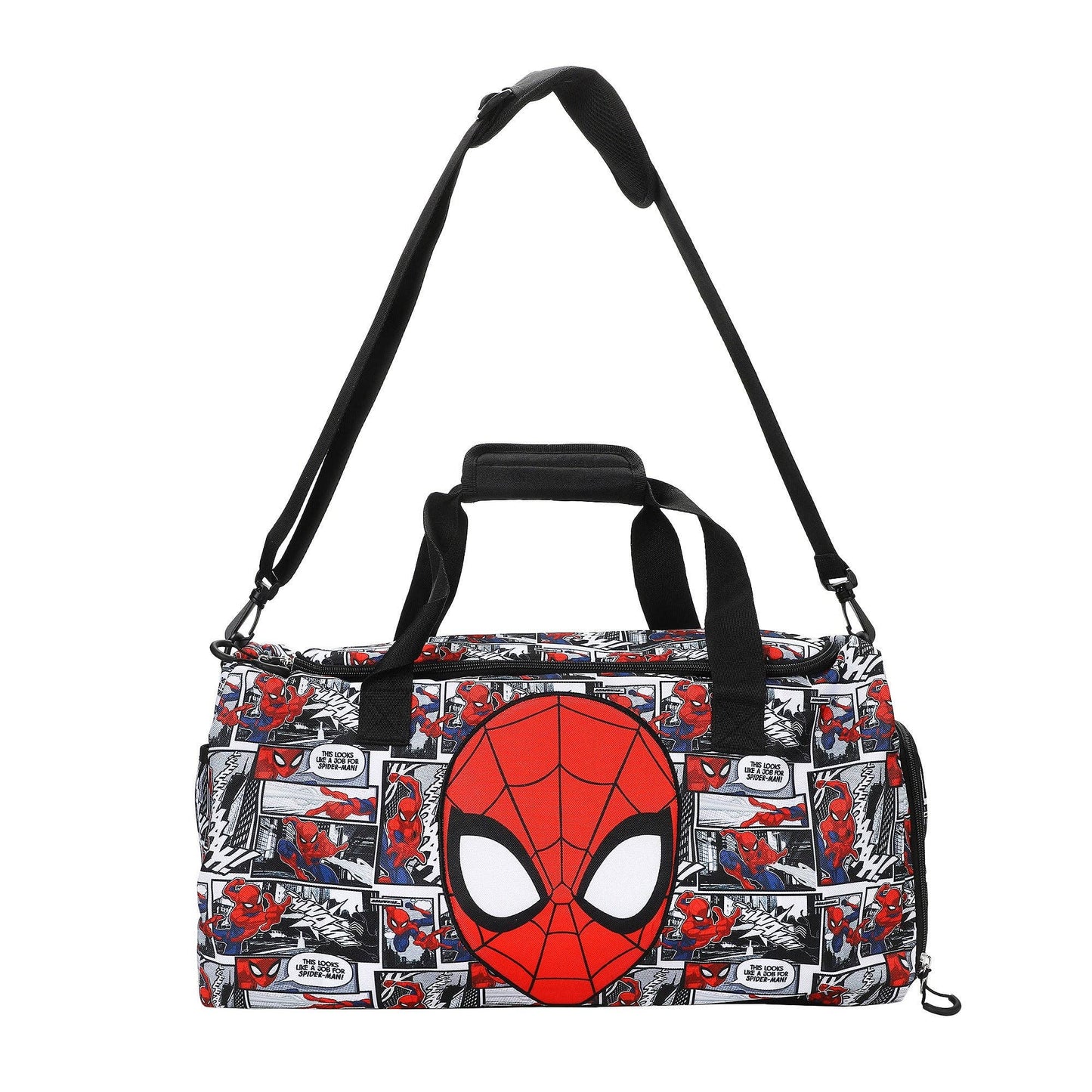 Spider-Man patterned duffel bag with a black strap on a white background