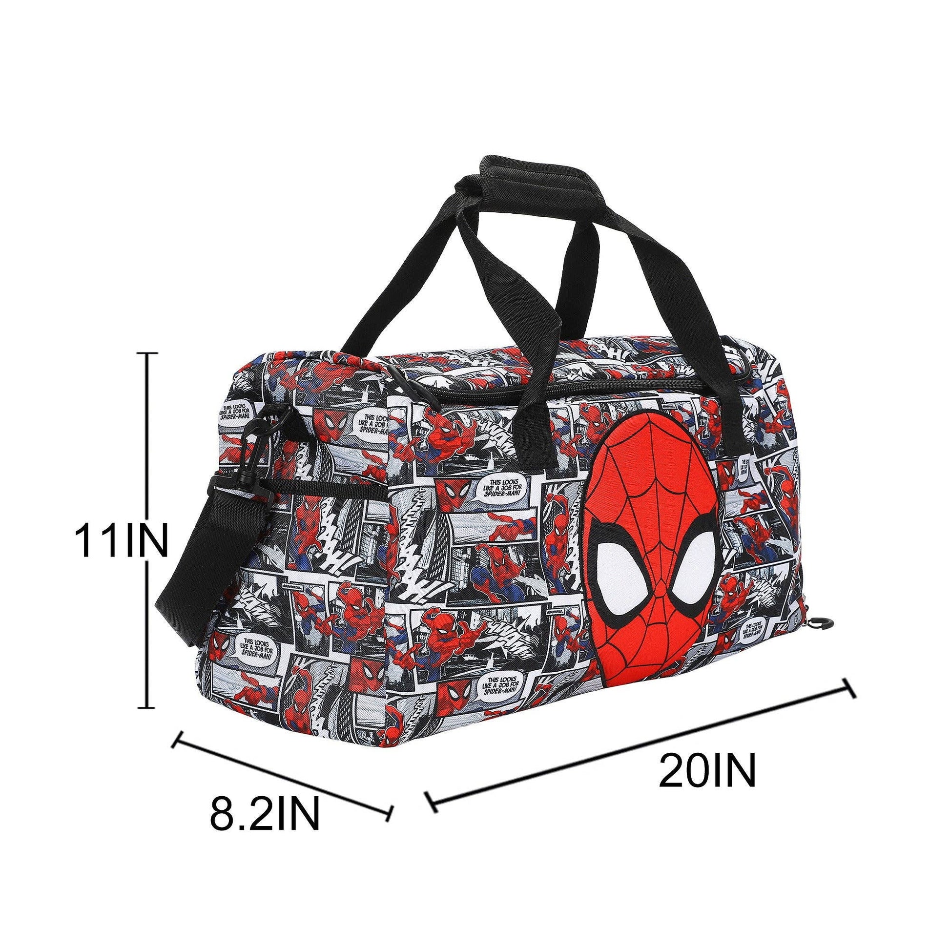 Spider-Man duffel bag with measurements on a white background