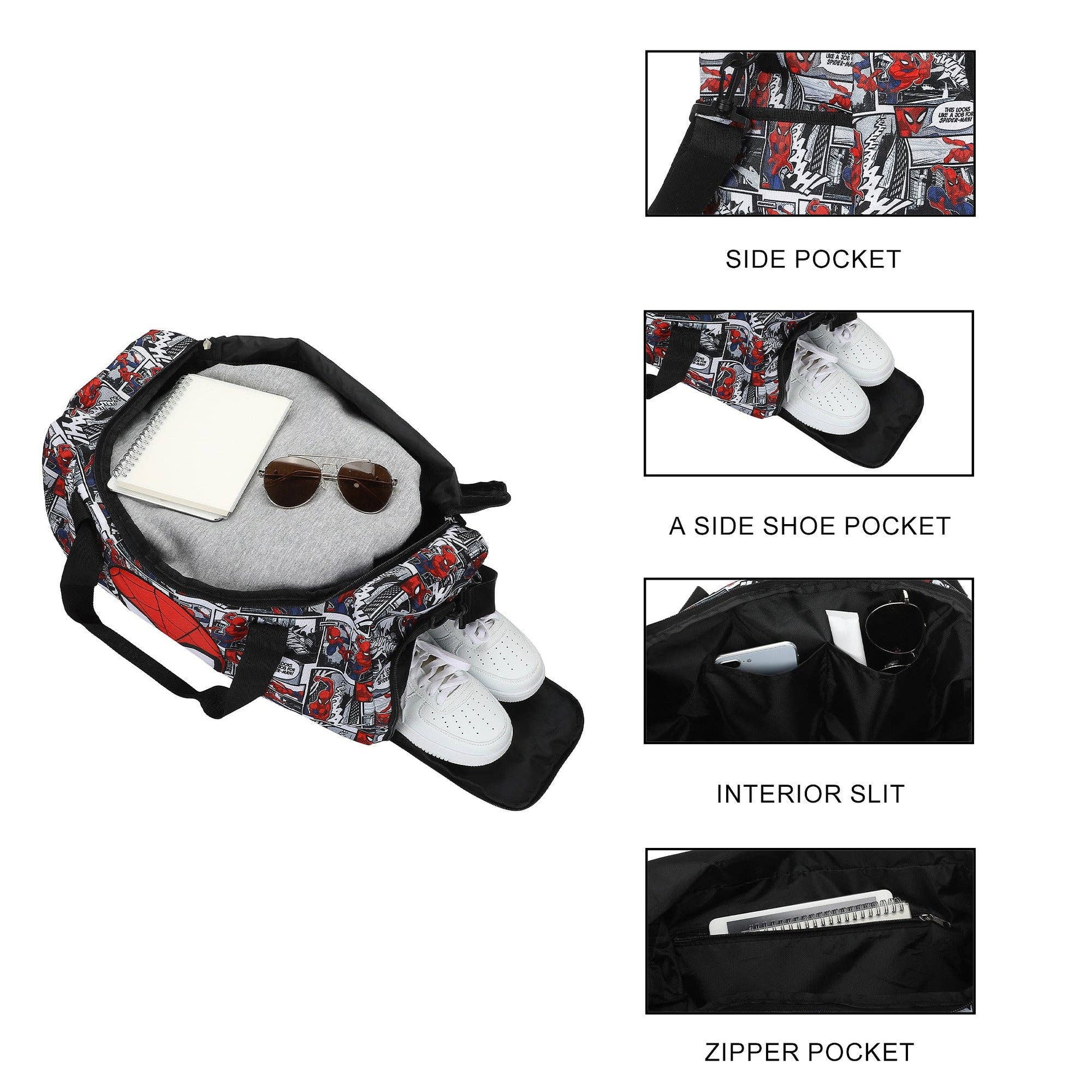 Multifunctional bag with side pocket, shoe pocket, interior slit, and zipper pocket on a white background.