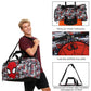 Person holding a Spider-Man duffel bag with product features highlighted.