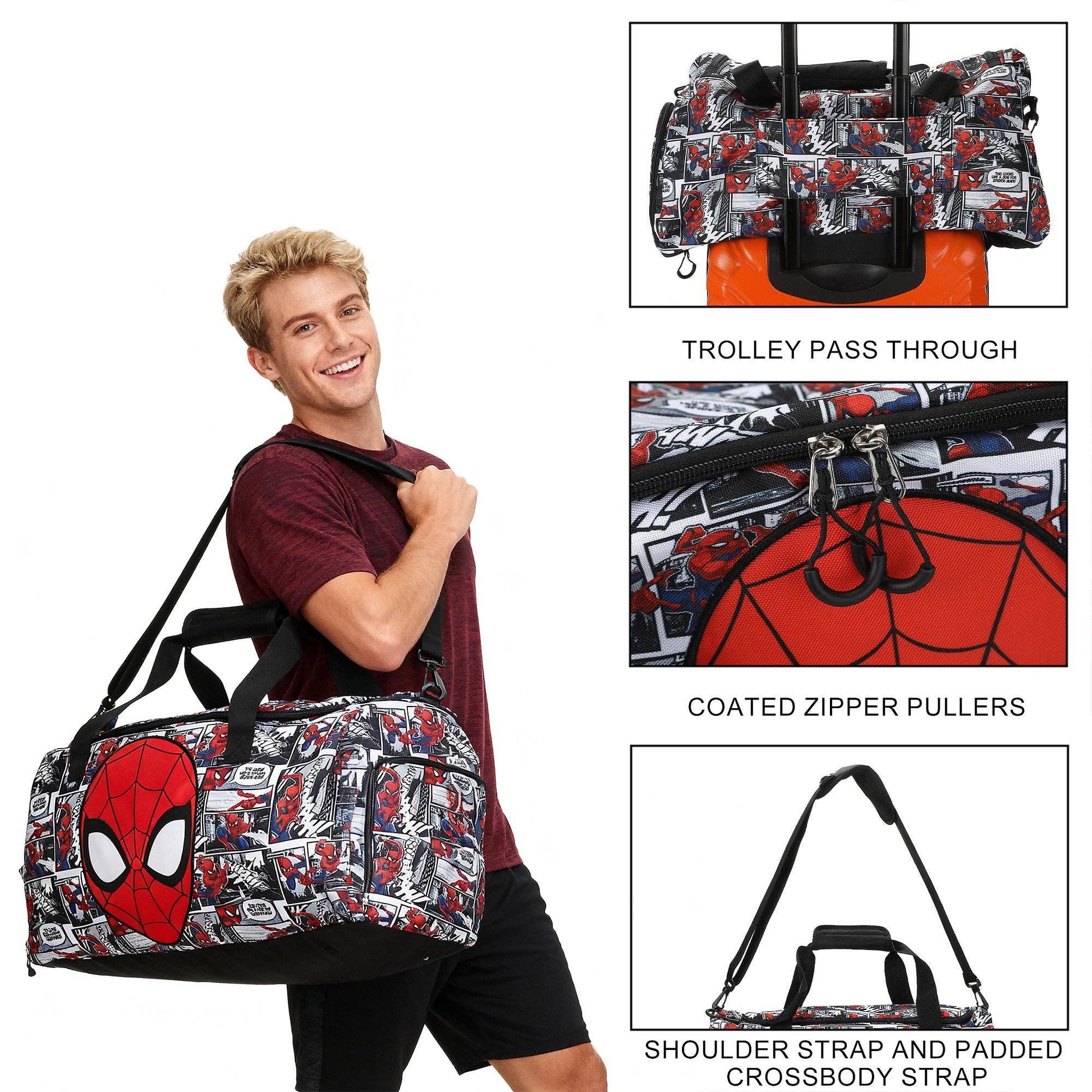 Person holding a Spider-Man duffel bag with product features highlighted.