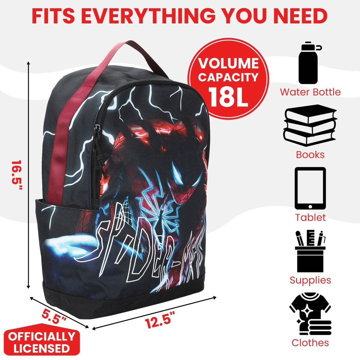 Backpack with Spider-Man design, volume capacity 18L, dimensions 12.5" x 16.5" x 5.5", officially licensed.