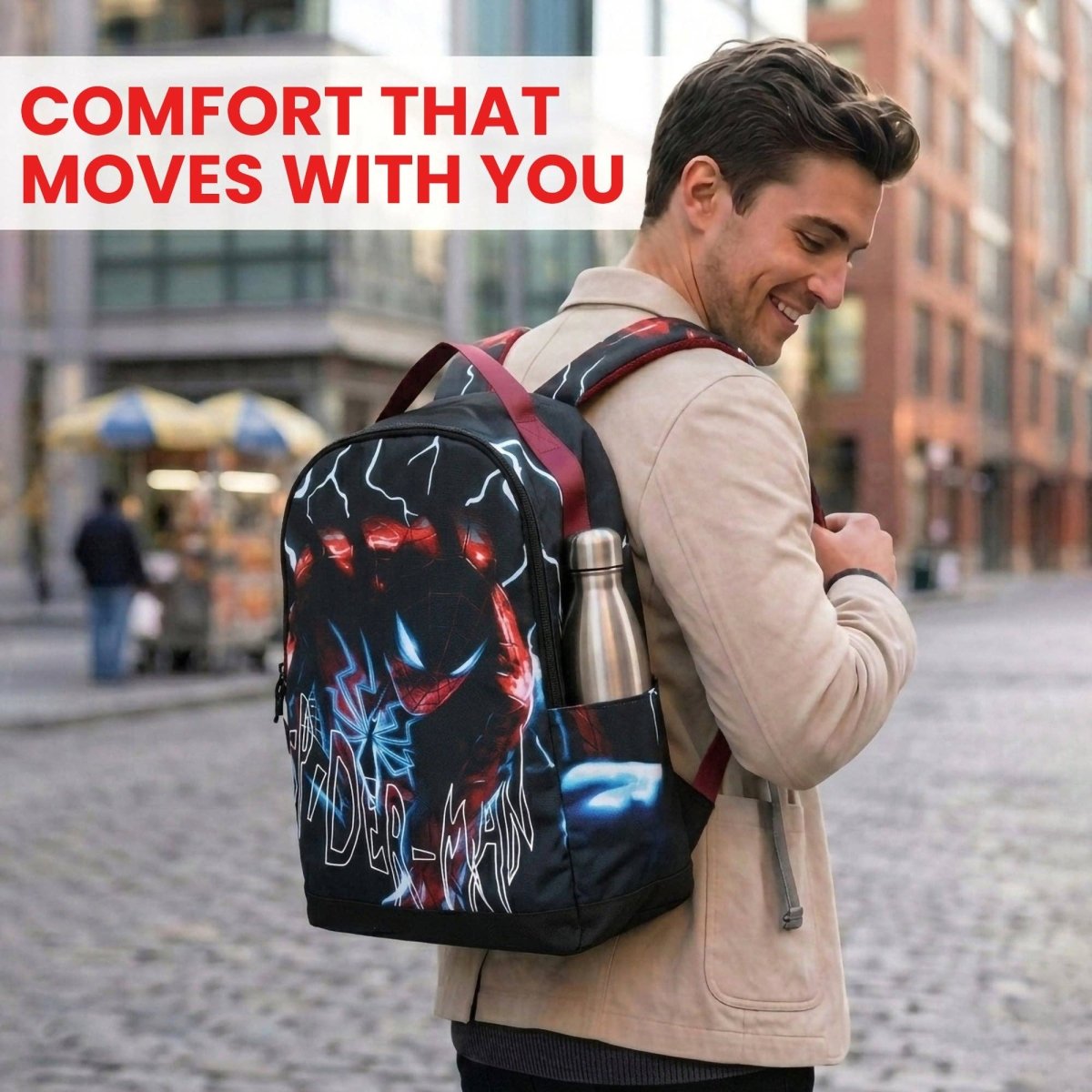 Man with a colorful backpack and water bottle in an urban setting with text 'Comfort That Moves With You'.