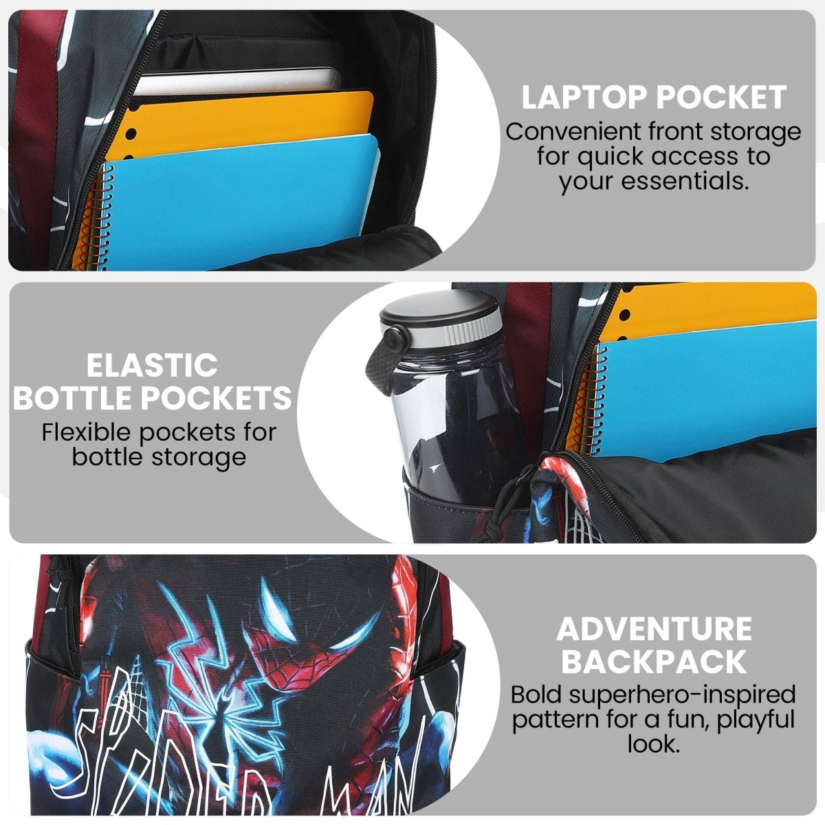 Backpack with laptop pocket, bottle pockets, and superhero pattern on a gray background