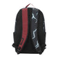 Black backpack with red accents and white designs on a white background