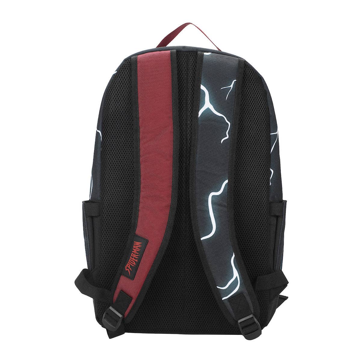 Black backpack with red accents and white designs on a white background