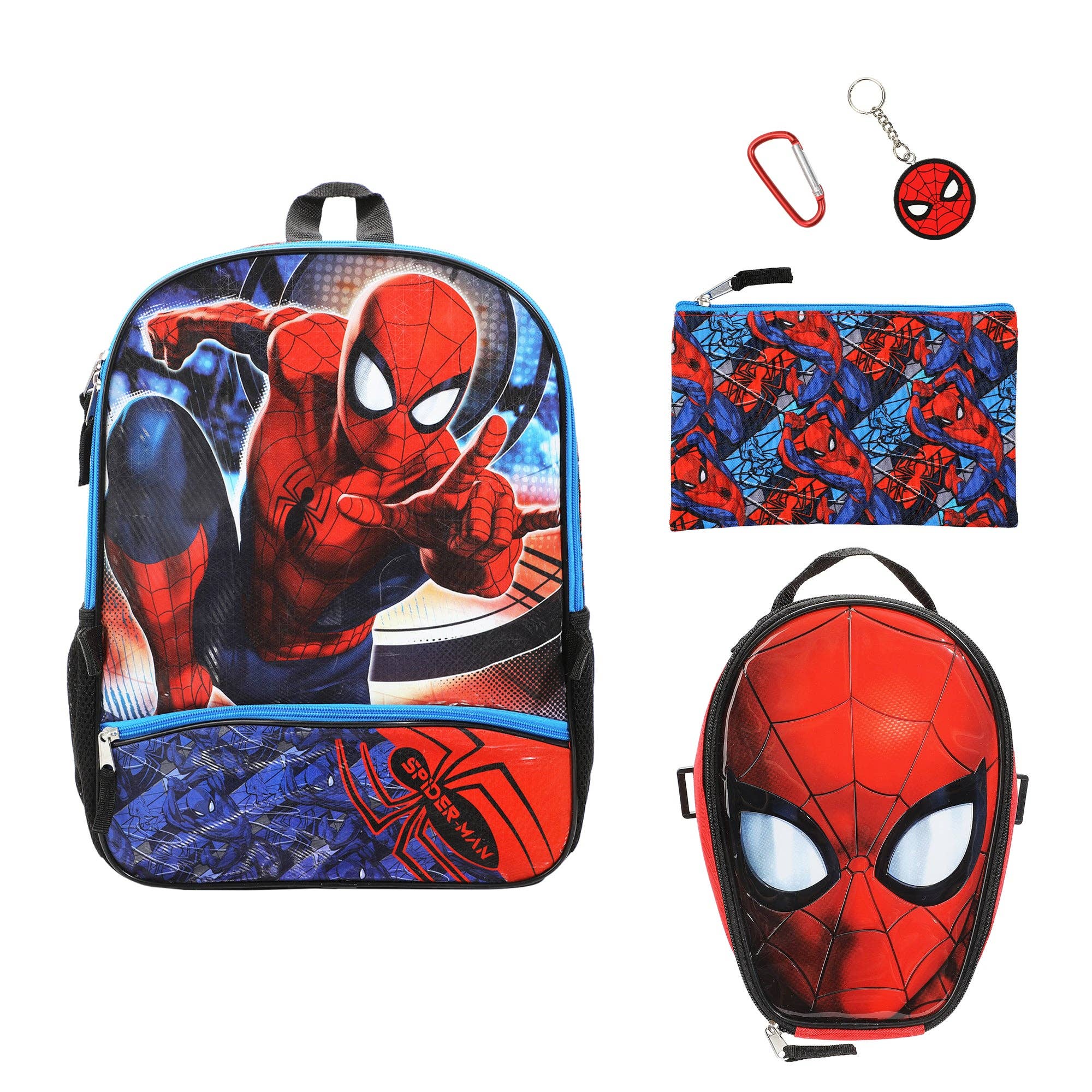 Spider-Man themed backpack, pouch, lunch bag, and keychain on a white background