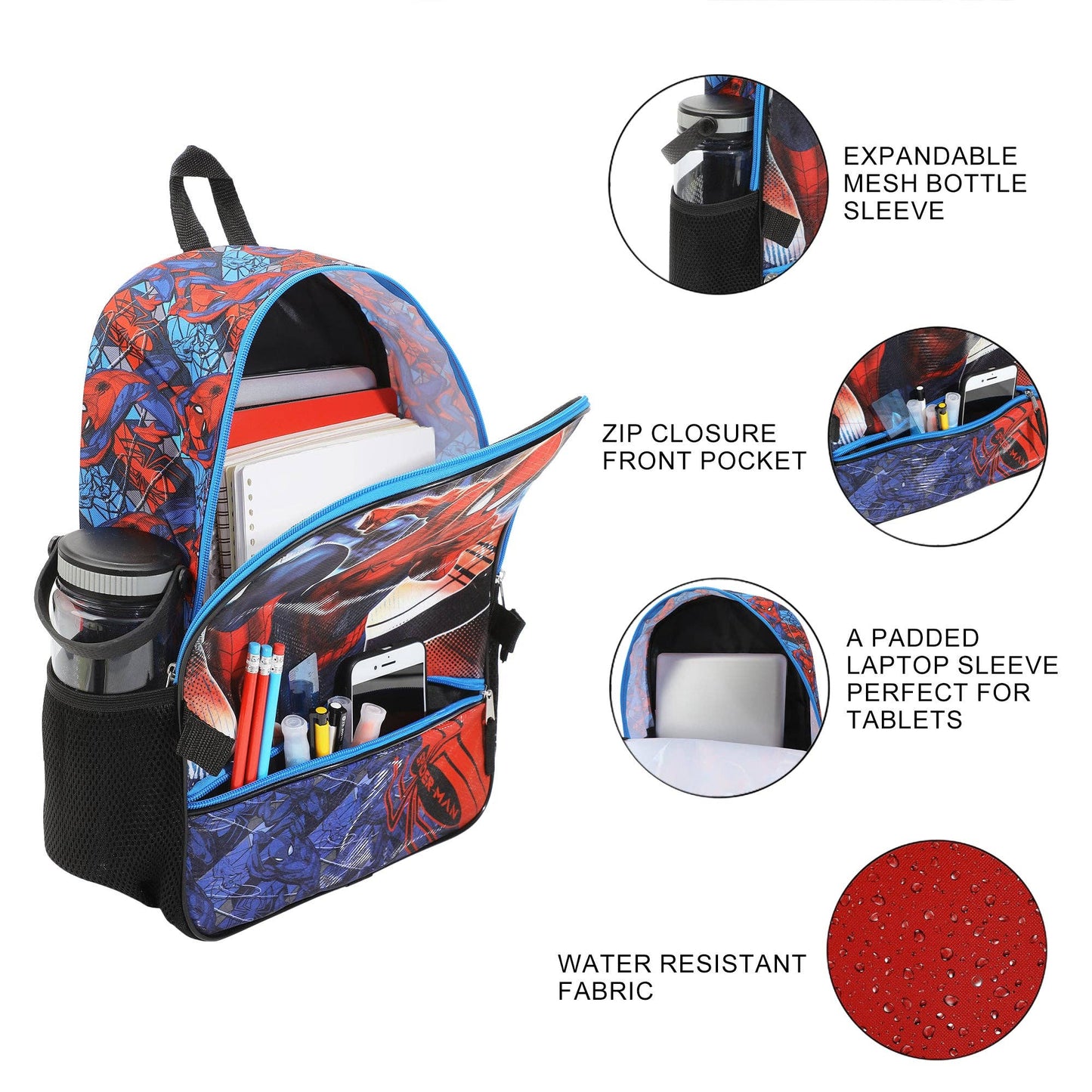 Backpack with colorful design, expandable mesh bottle sleeve, zip closure front pocket, and water resistant fabric on a white background.