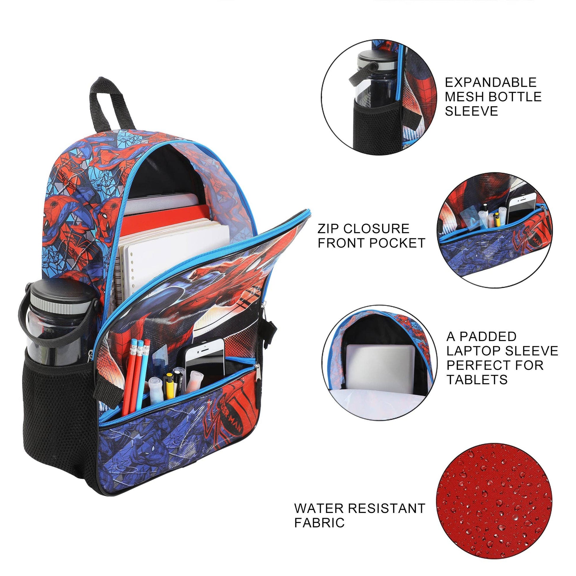 Backpack with colorful design, expandable mesh bottle sleeve, zip closure front pocket, and water resistant fabric on a white background.