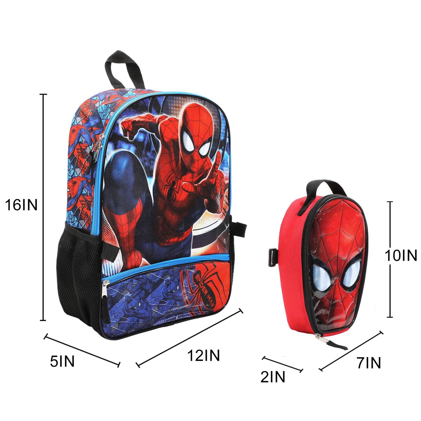 Spider-Man backpack and lunch bag with measurements on a white background