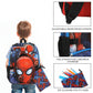 Spider-Man backpack with features highlighted on a white background