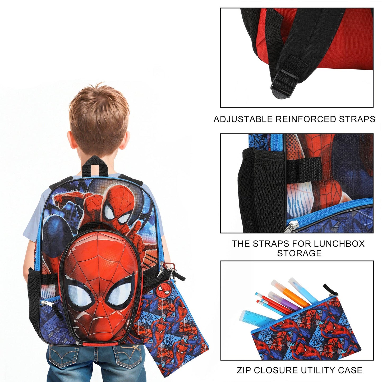 Spider-Man backpack with features highlighted on a white background