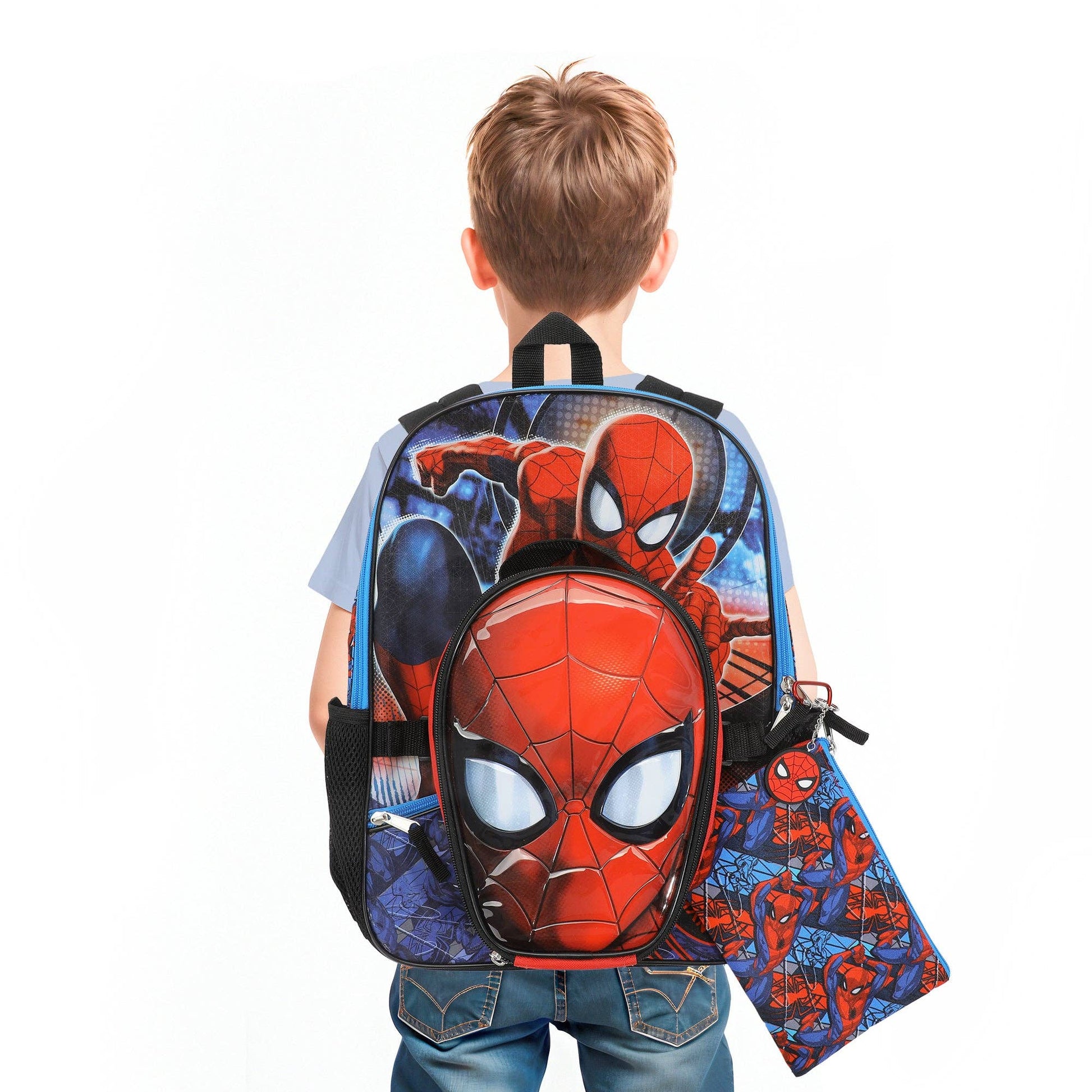 Child wearing a Spider-Man backpack on a white background