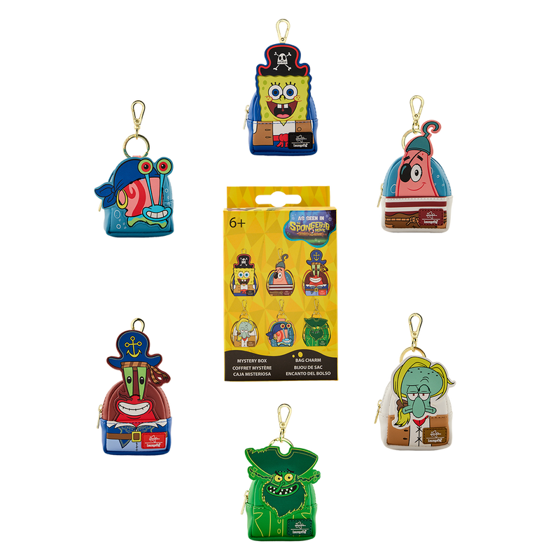 Collection of SpongeBob SquarePants character keychains with a packaging box on a white background