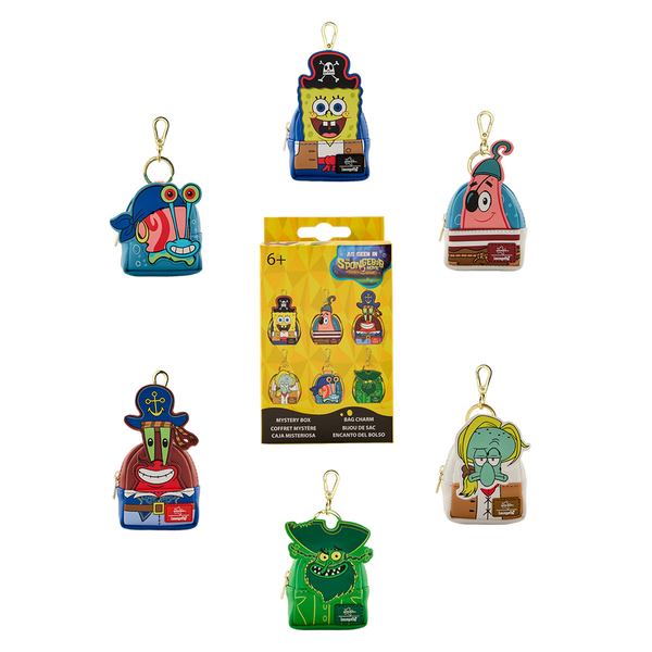 Collection of SpongeBob SquarePants character keychains with a packaging box on a white background