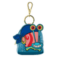 Colorful cartoon character keychain with a blue face and red mouth on a white background
