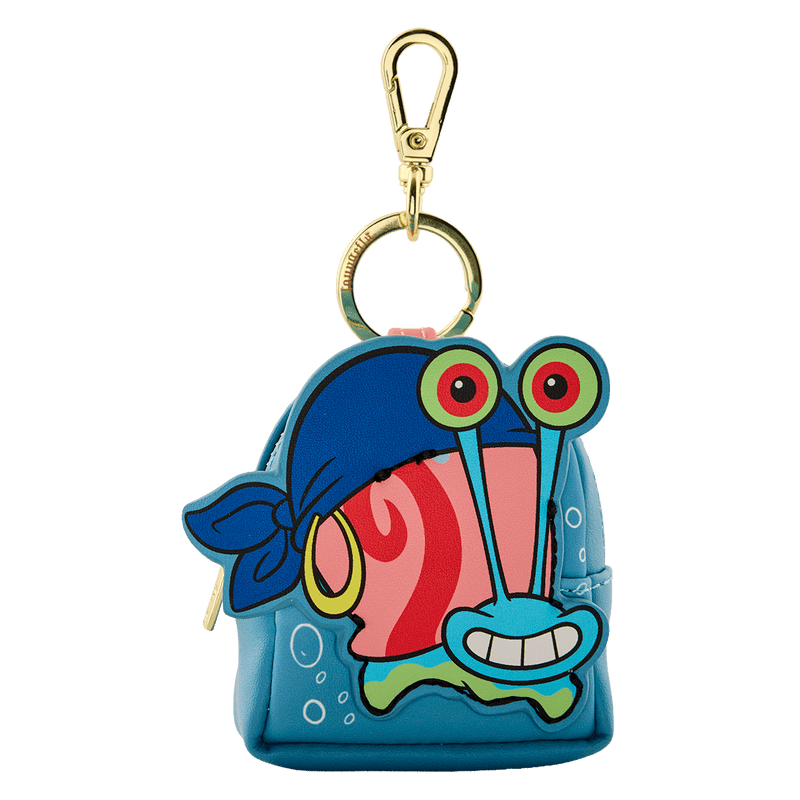 Colorful cartoon character keychain with a blue face and red mouth on a white background