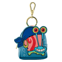 Colorful cartoon character keychain with a blue face and red mouth on a white background