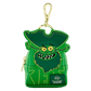 Green character-shaped keychain with a gold clasp on a white background