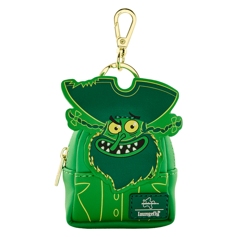 Green character-shaped keychain with a gold clasp on a white background