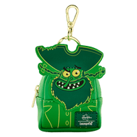 Green character-shaped keychain with a gold clasp on a white background