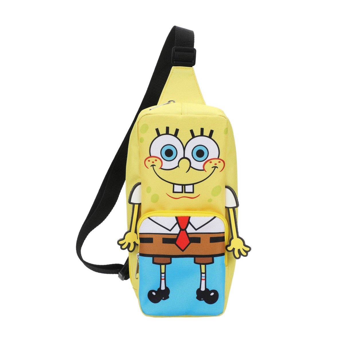 Yellow crossbody bag with a cartoon character design on a white background