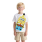 Child wearing a white t-shirt with a cartoon character design on a white background