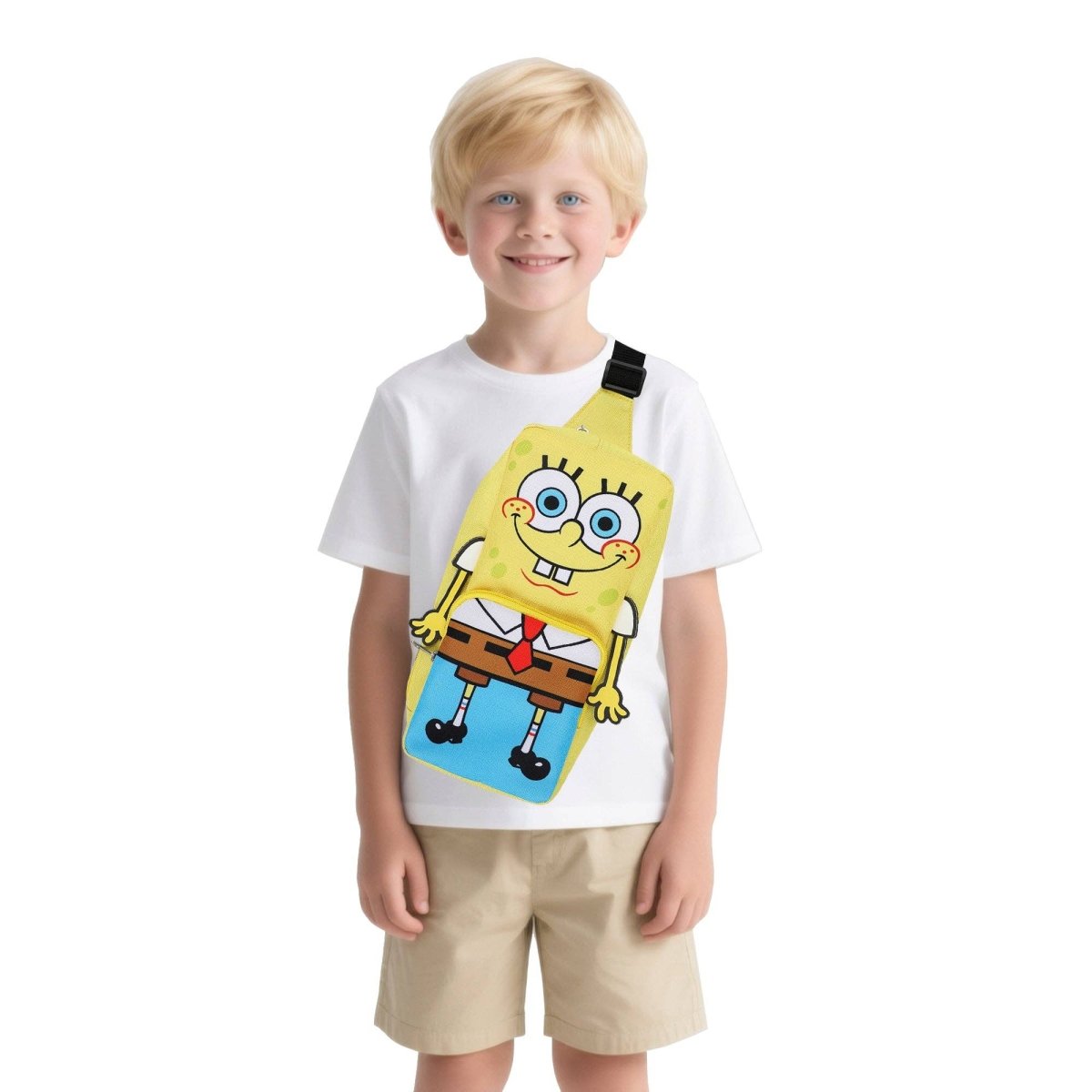 Child wearing a white t-shirt with a cartoon character design on a white background