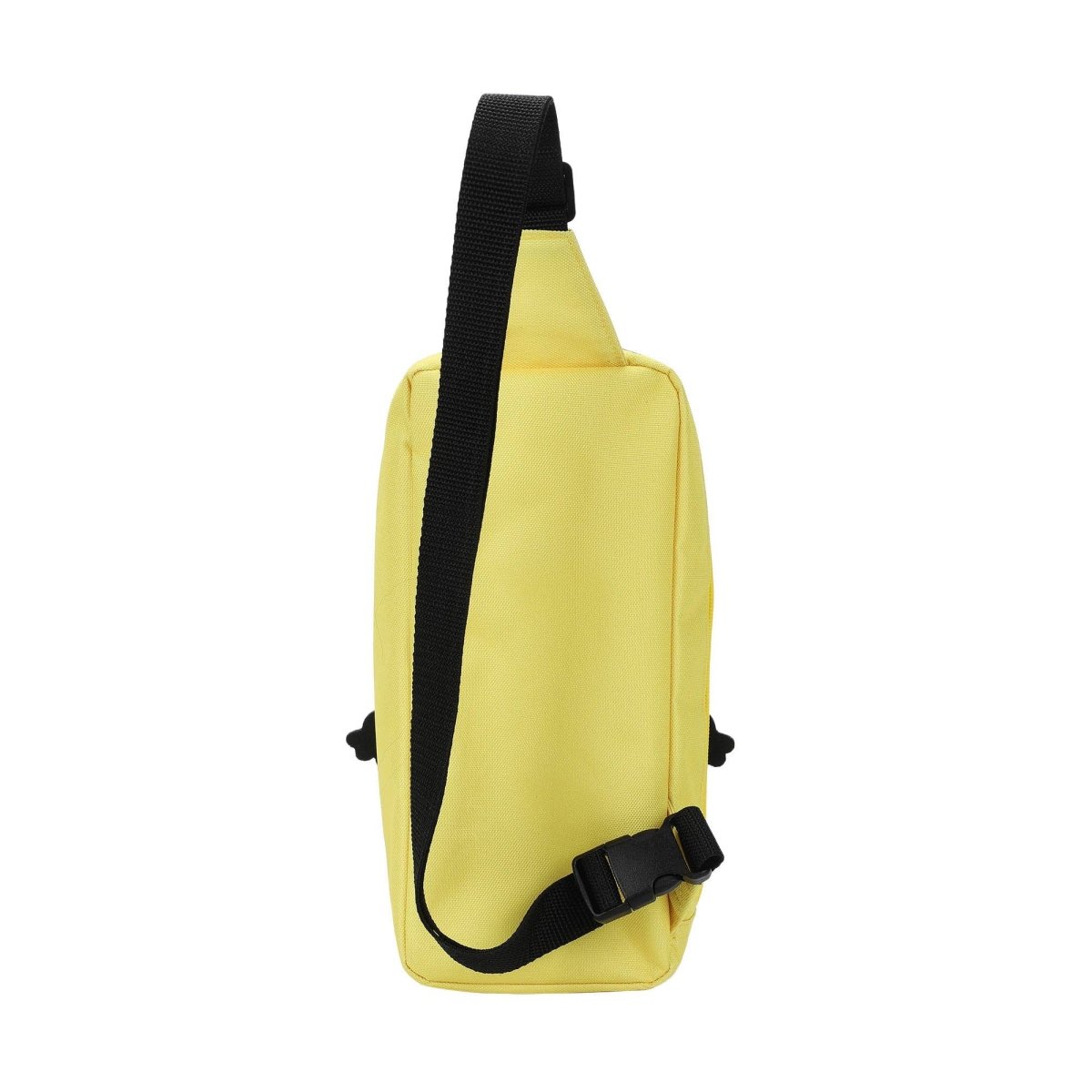 Yellow sling bag with black strap on a white background
