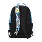 Black backpack with floral design on the shoulder strap against a white background