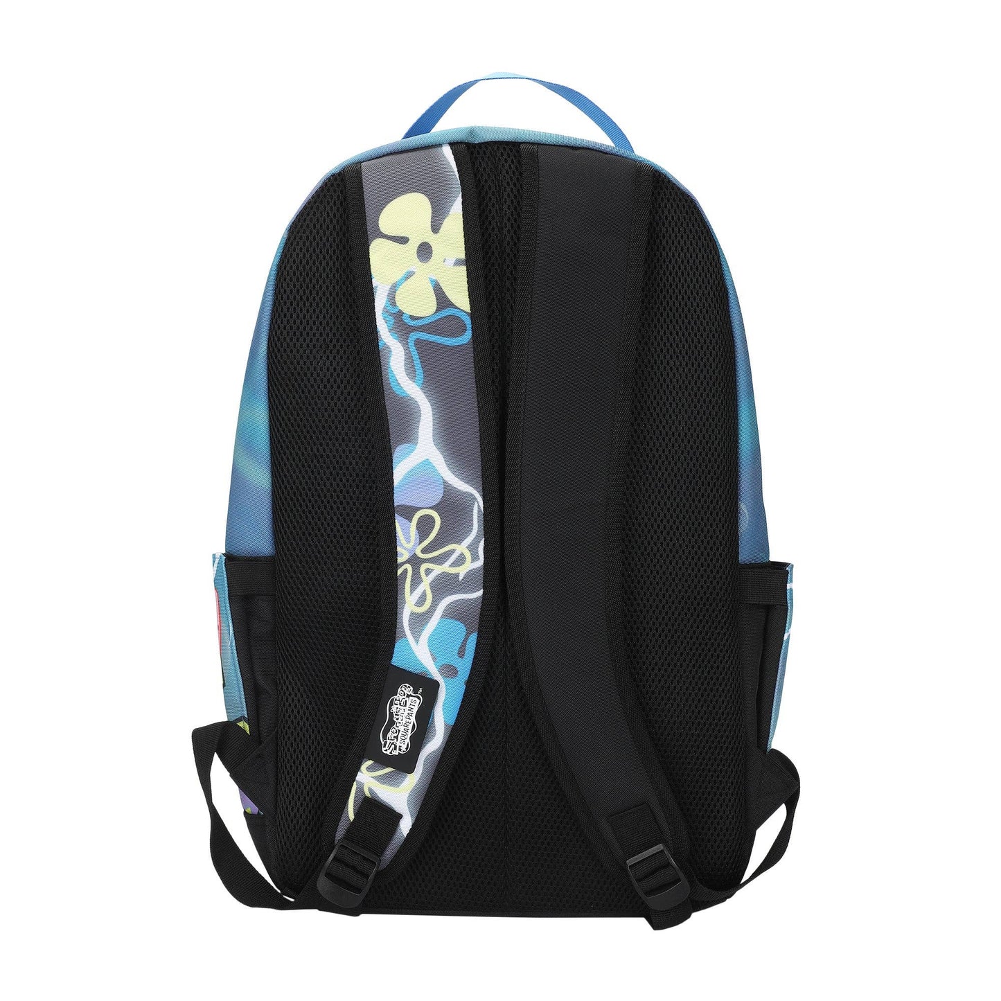 Black backpack with floral design on the shoulder strap against a white background