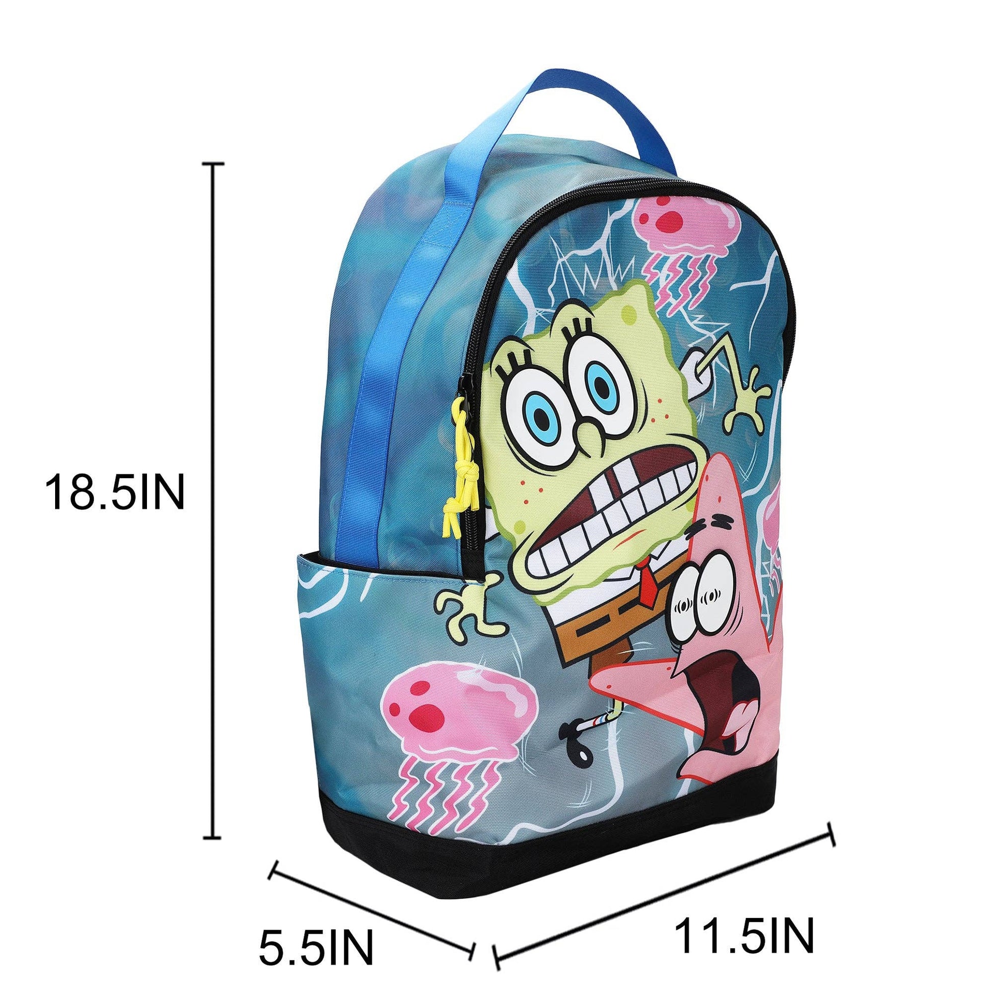 Backpack with cartoon characters and measurements on a white background