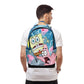 Person wearing a colorful backpack with cartoon characters on a white background