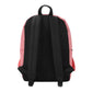 Backpack with pink body and black straps on a white background