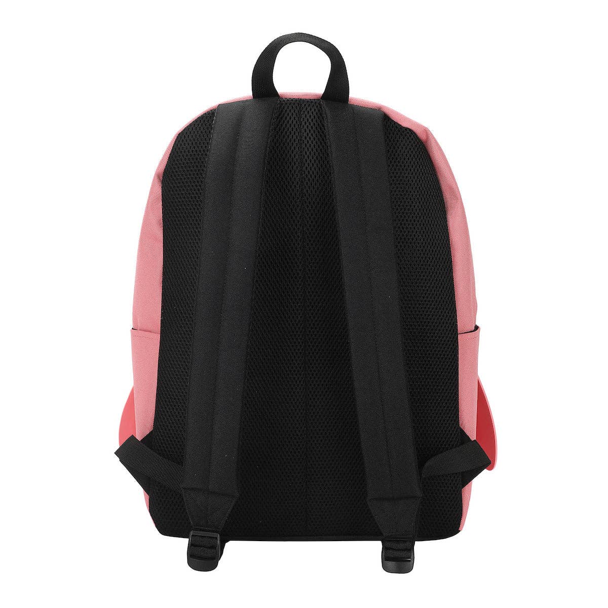 Backpack with pink body and black straps on a white background