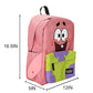 Pink backpack with cartoon character design and measurements on a white background