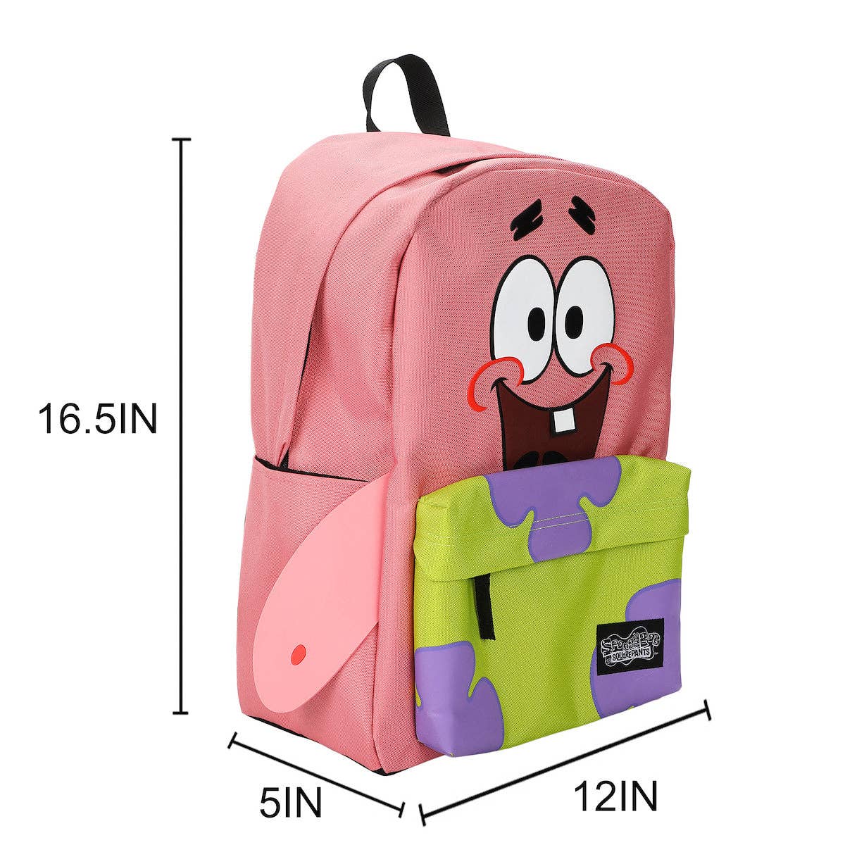 Pink backpack with cartoon character design and measurements on a white background