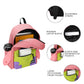 Pink backpack with features highlighted on a white background